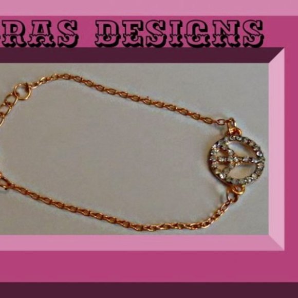 Gold Tone Peace Sign Anklet With Clear Crystals For Women/Teens - Picture 1 of 1